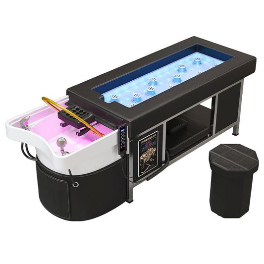 611-2 | Massage Setting Shampoo Bed | Natural Hot Stone Magnetic Therapy with Under Seat Storage and Ottoman | SSW SHAMPOO UNITS AND CABINETS SSW BLACK