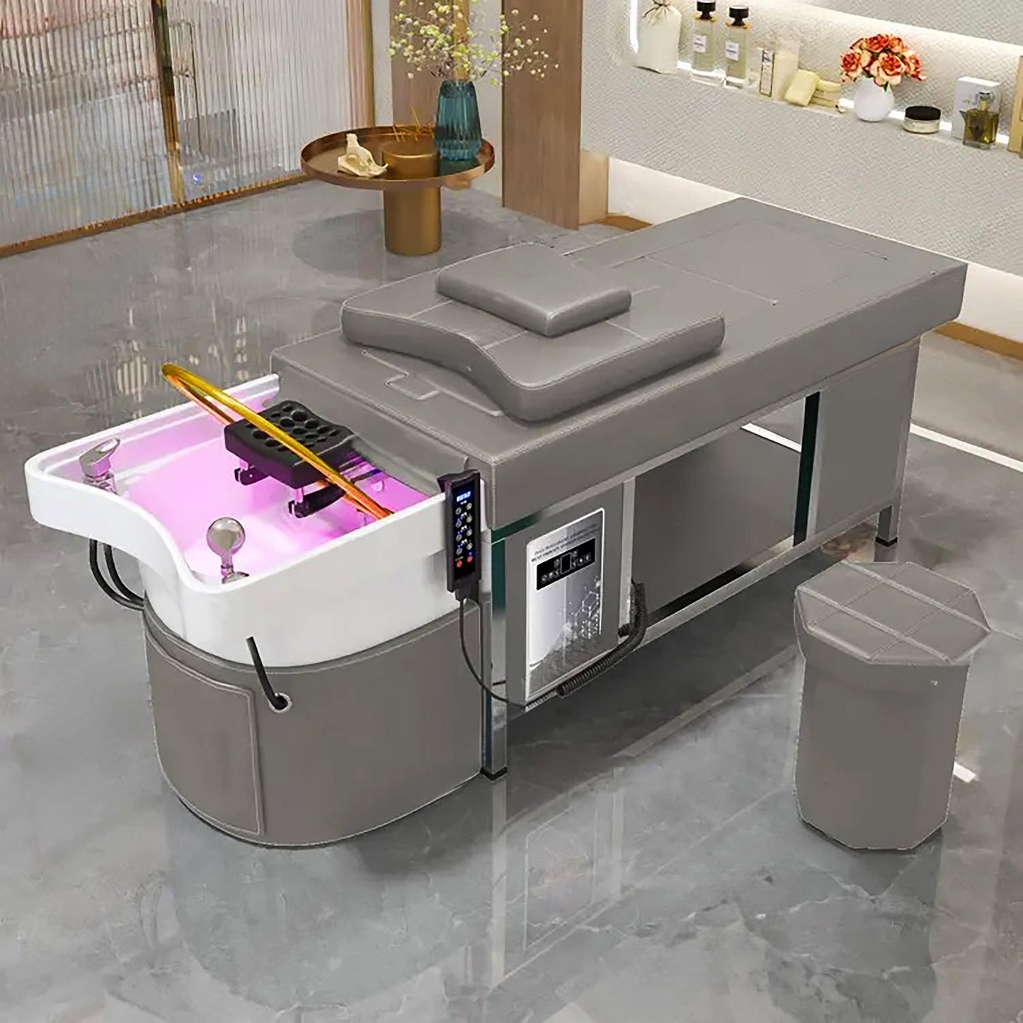 611-2 | Korean Japanese Head Spa Massage Shampoo Bed | Natural Hot Stone Magnetic Therapy with Under Seat Storage and Ottoman | HOTLINE BEAUTY